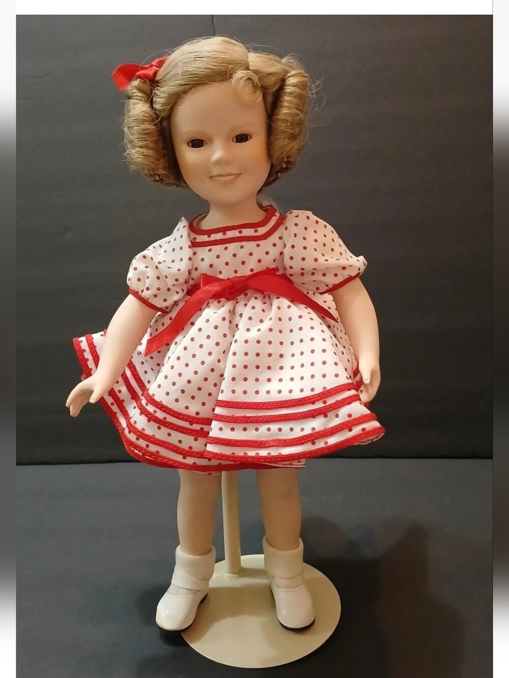Vintage Shirley Temple Doll Porcelain Polka Dot Dress Curls
